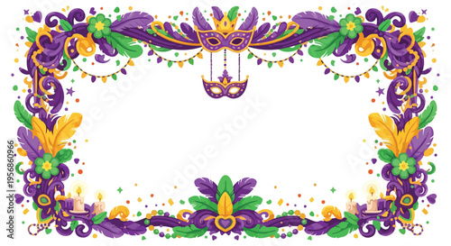 Ornate Mardi Gras floral frame with purple green and gold decorations for carnival festival.