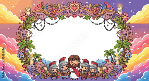 Oval floral frame with religious figures celebrating and praising during a holy event.