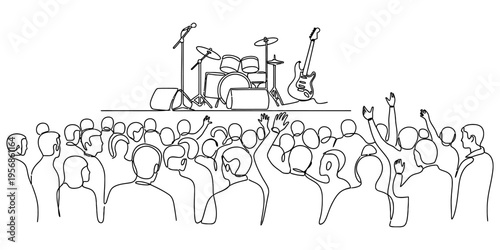 Continuous One Line Drawing of Rock Concert Crowd and Musical Instruments