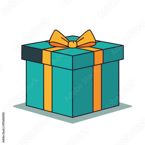 A teal box with orange ribbon and bow sits on a gray surface