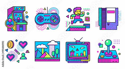 Retro Pixel Art Video Game Icons Set