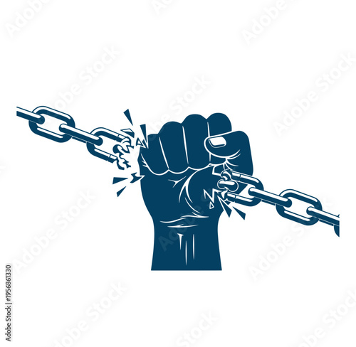 Fist breaking free from metal chain symbolizing freedom and strength