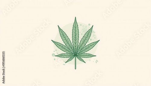 Wallpaper Mural Cannabis Leaf: A meticulously illustrated cannabis leaf, showcasing its distinctive seven-fingered form and vibrant green hue, set against a simple backdrop. Torontodigital.ca