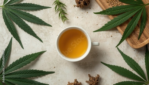 Wallpaper Mural Herbal tea composition with Cannabis: A top-down shot of a refreshing herbal tea arrangement showcases fresh cannabis leaves and associated components, embodying a sense of nature's purity and health. Torontodigital.ca
