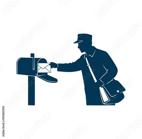 mailman putting letter in mailbox on white background