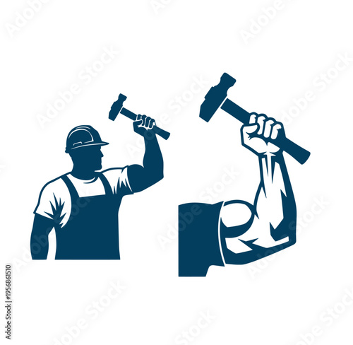 man in hard hat and overalls holding hammer and muscular arm with hammer