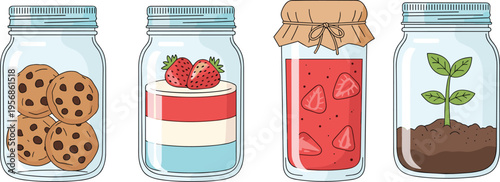 Creative collection of glass jars containing cookies, layered dessert, strawberry jam, and sprouting plant, symbolizing food storage, presentation, and growth in decorative design.