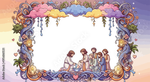 Decorative frame with Jesus Christ and his disciples during the Last Supper biblical scene.