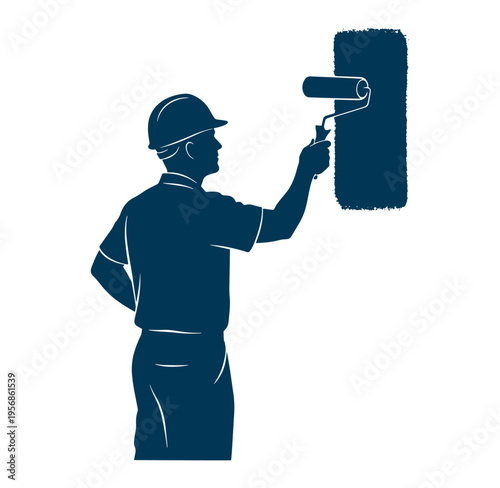Man in hard hat painting wall with roller  construction worker applying paint