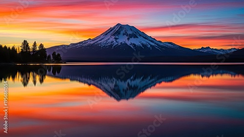A serene mountain landscape with a snow-capped peak at sunset reflected in a calm lake