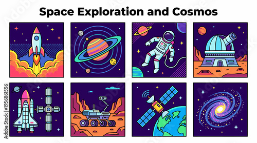 Space Exploration Pixel Art: Rocket, Astronaut, Planets, Galaxy