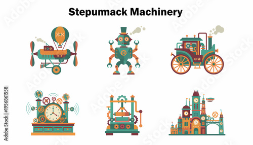 Steampunk Machinery Collection: Robot, Airship, Train, Clock