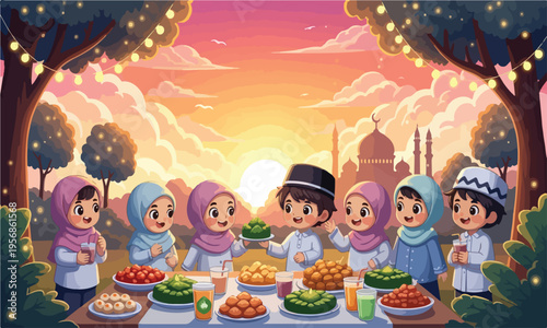 Muslim family and friends having a joyful iftar dinner outdoors during a beautiful sunset.