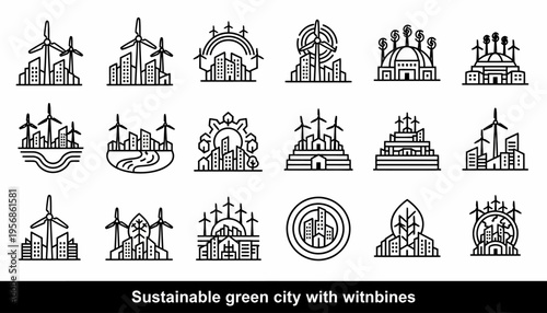 Sustainable City Icons: Green Energy, Wind Turbines, Eco-Friendly Buildings