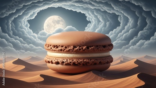 A surreal desert landscape with a chocolate macaron under a full moon