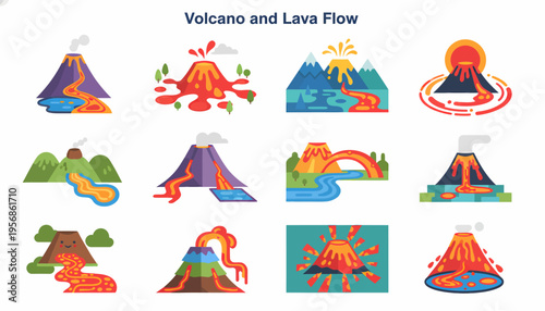 Volcano Lava Flow Icons Set - Earth Eruption Elements