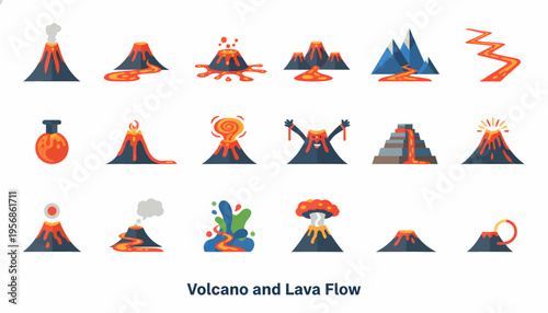Volcano Eruption and Lava Flow Icons Set