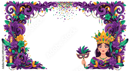 Ornate purple and green floral frame with a queen character for Mardi Gras or carnival festival.