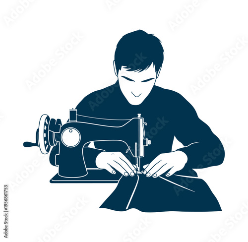Man sitting and sewing on a machine with fabric in hands