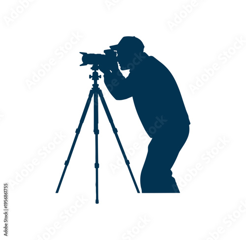 Man taking photo with camera on tripod isolated on white background