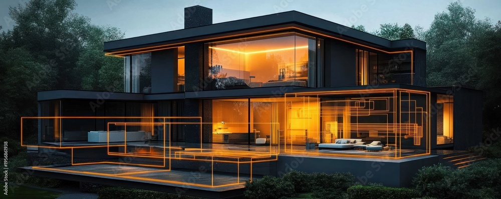 Fototapeta premium modern two-story glass house at twilight with warm interior lights and glowing orange holographic wireframe overlays conveying a calm futuristic high-tech mood