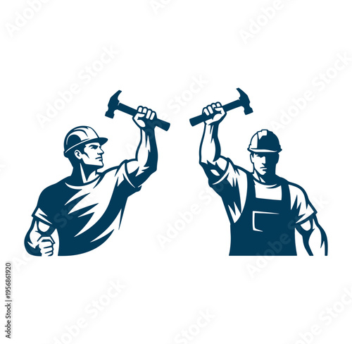 Two construction workers holding hammers up in the air in a celebratory gesture  workers in hard hats and overalls
