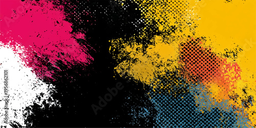 Abstract splashes of vibrant hues come alive in a display of artistic expression. The image showcases the bold application of color across a canvas. 