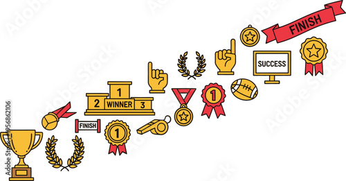 Achievement and Success Icon Set Featuring Trophy, Medals, Winner Podium, Awards, Finish Banner, Recognition Symbols, and Celebration Elements for Motivation and Goal Achievement Design
