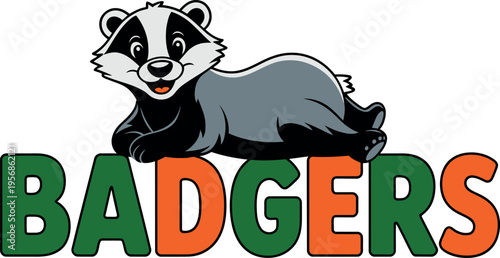 A cheerful badger with classic black and white facial markings is shown lying down above the word "BADGERS".