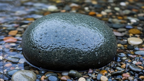 A large smooth rock sitting on a bed of small wet pebbles