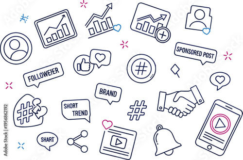 Social Media Marketing Icon Set Featuring Hashtags, Followers, Engagement, Sponsored Post, Analytics, Mobile Notifications, Branding, and Communication Symbols for Digital Marketing Design