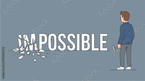 Businessman with Hammer Breaking Through the Word Impossible to Achieve Success and Possibility Concept