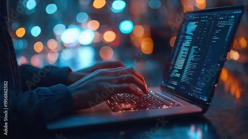 Hands typing code on an illuminated laptop keyboard with blurred city bokeh lights at night, evoking focused and contemplative late‑night work