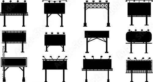 Collection of various architectural canopy and pergola designs in black silhouette