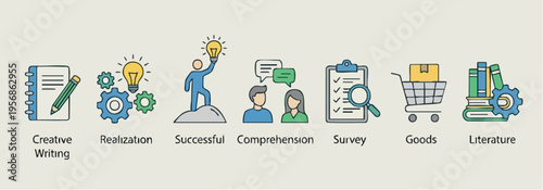 Collection of colorful icons representing creative writing, realization, successful ideas, comprehension, survey, shopping, and literature concepts
