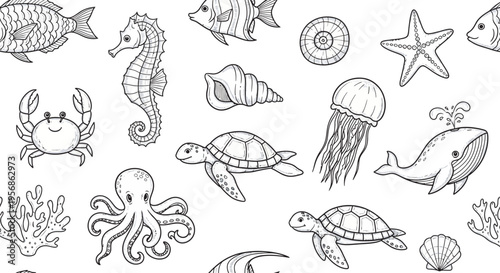 This enchanting black and white seamless pattern beautifully illustrates an extensive array of diverse sea creatures, including various fish, a graceful seahorse, a cute crab, a floating jellyfish, a 
