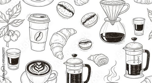 A delightful black and white seamless pattern showcases a comprehensive range of coffee culture elements, featuring roasted coffee beans, a full coffee plant, various types of cups, a croissant, a Fre
