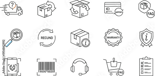 Ecommerce Customer Service Icon Set with Delivery, Return, Refund, Warranty, Support, FAQ, Barcode, and Shopping Cart Symbols for Online Store and App Design