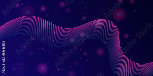 Futuristic Abstract Background with Pink Glowing Wave Lines and Sparkling Particles on Dark Blue Gradient