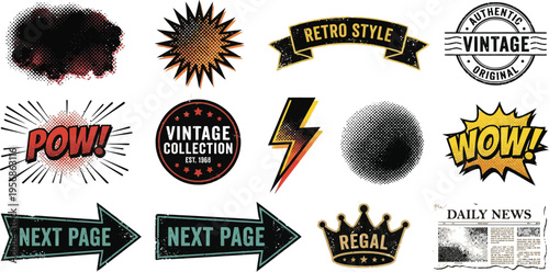 A dynamic collection of retro and vintage comic book style design elements is presented here, including distressed grunge textures, explosive starbursts, stylish banners, authentic stamps, and express