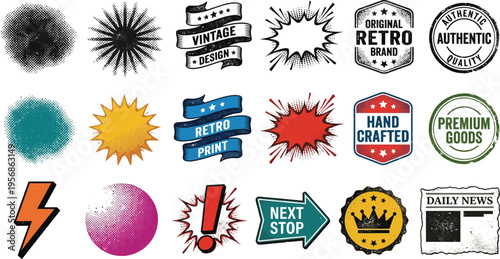 This extensive assortment presents a vibrant array of retro and vintage-inspired comic book design elements, featuring varied halftone dots, starbursts, distressed textures, classic labels, elegant ba