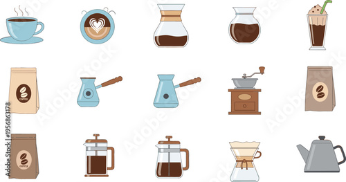 Coffee Preparation and Brewing Illustration Set Featuring Espresso, Pour Over, French Press, Grinder, Beans, and Barista Equipment for Cafe and Beverage Design