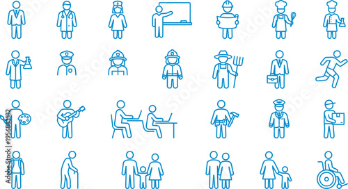 A comprehensive collection of clean, modern blue outline icons represents a wide variety of professions and human figures, including doctors, chefs, farmers, office workers, families, and individuals 
