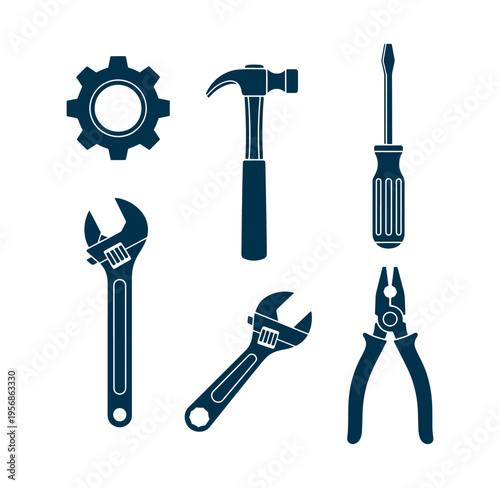 collection of tools icons including gear hammer screwdriver wrench and pliers on white background