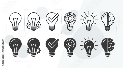 Collection of creative light bulb icons representing ideas innovation and brainstorming in a modern minimalistic style