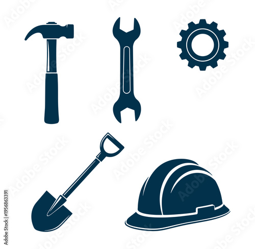 Construction tools and equipment for building and repair work  hammer wrench shovel hard hat gear