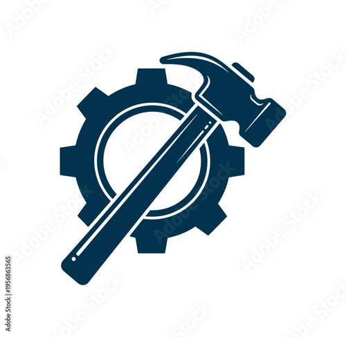 Hammer and gear icon for repair and maintenance services  symbol for fixing and engineering