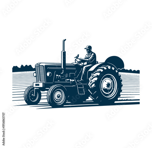 Man driving tractor with bird on steering wheel in field landscape