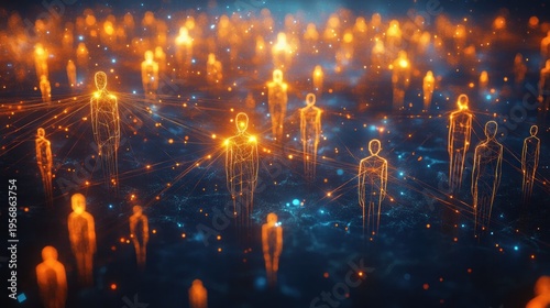 glowing orange wireframe human figures linked by luminous lines across a dark blue digital field, evoking networked connectivity and distant collective presence