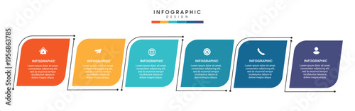 A colorful infographic template with five rounded rectangular sections in orange, yellow, teal, blue, and purple hues, connected by lines and featuring sample text.